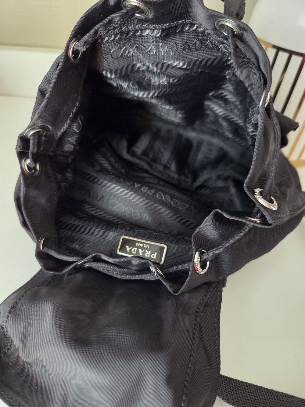 Prada Mini Re- Nylon Backpack Chain Crossbody Bag Silver /black - Picture 14 of 16